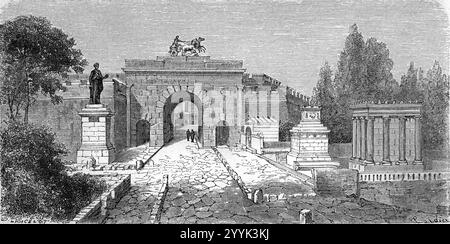 Impression d'artiste d'une porte d'Hercule reconstruite ou porte d'Herculanum, alias Herculaner, Herkulaner ou Porta Ercolano, dans l'ancienne ville de Pompéi ou Pompéi Naples Italie. Gravure vintage ou historique ou illustration 1864 Banque D'Images