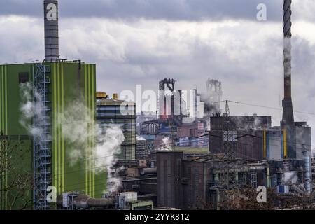 Panorama de l'aciérie ThyssenKrupp à Duisburg-Bruckhausen, en face de la centrale au gaz Hamborn, façade verte de la chaudière BL Banque D'Images