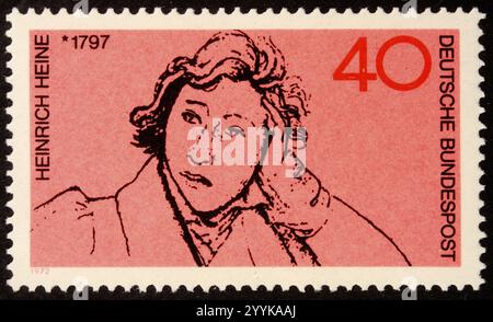 Heinrich Heine (1797-1856) poète, journaliste et essayiste allemand. Portrait sur un timbre allemand Banque D'Images