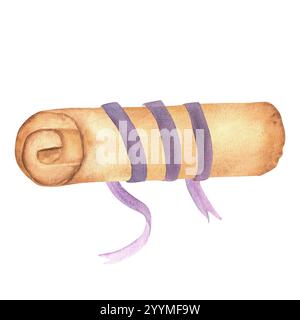 Vintage rouleau de papier vieilli fatigué avec un ruban. Vieux parchemin jauni avec texture grunge. Illustration d'aquarelle dessinée à la main. Pour les cartes postales, scrapboo Banque D'Images