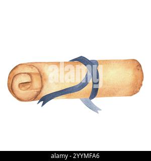 Rouleau de papier vintage fatigué avec un ruban. Un vieux parchemin à texture grunge jaunie. Illustration d'aquarelle dessinée à la main. Pour les cartes postales, scrapbooki Banque D'Images