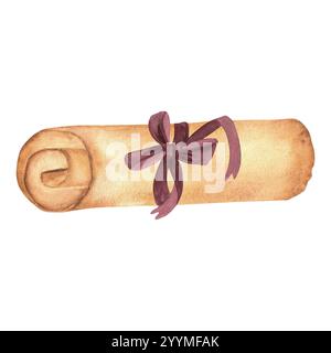 Vieux parchemin jauni. Vintage rouleau de papier vieilli fatigué avec un ruban avec un arc. Papier à texture décolorée. Illustration d'aquarelle dessinée à la main. Pour po Banque D'Images