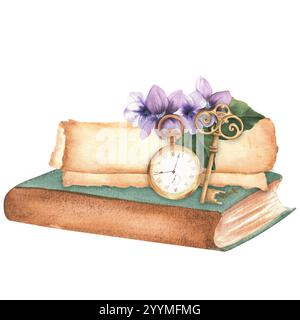 Un vieux livre couvert vert, un rouleau de papier jauni, des pansies, une clé antique et une montre de poche dessus. Composition vintage avec des articles à l'ancienne. Dessiner à la main Banque D'Images