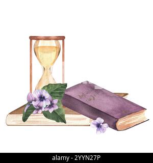 Sablier debout sur un vieux livre, un livre couché à côté et des fleurs violettes. Illustration vintage aquarelle dessinée à la main. Banque D'Images