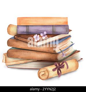 Une pile de livres avec des rouleaux et des fleurs de lilas. Eléments clipart sur le thème de la lecture. Bibliothèque, librairie, librairie, université, Waterco dessiné à la main Banque D'Images