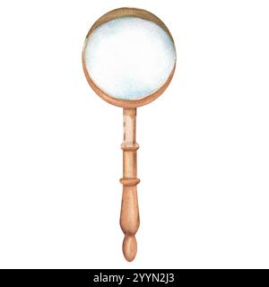 Loupe vintage avec poignée en bois. Lire, étudier, apprendre clipart. Illustration d'aquarelle dessinée à la main. Banque D'Images