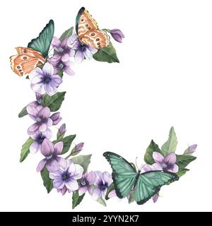 Composition florale avec des fleurs violettes, des feuilles vertes et des papillons exotiques verts. Illustration d'aquarelle vintage dessinée à la main. Banque D'Images