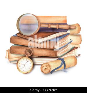 Une pile de livres avec défilement, loupe sur le dessus et montre de poche. Eléments clipart sur le thème de la lecture. Bibliothèque, librairie, librairie, univers Banque D'Images