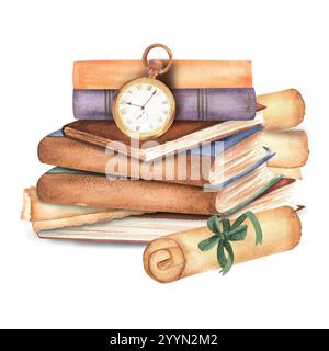 Une pile de livres, des rouleaux de papier, une montre de poche. Eléments clipart sur le thème de la lecture. Bibliothèque, librairie, librairie, université, watercolo dessiné à la main Banque D'Images