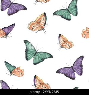Modèle sans couture avec des papillons exotiques verts et violets colorés. Illustration d'aquarelle dessinée à la main. Pour textile, papier d'emballage, literie, tissu, Banque D'Images