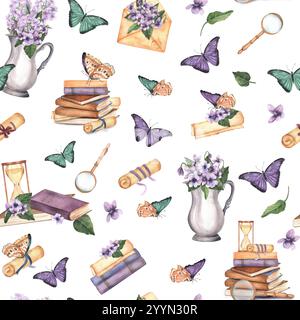 Modèle sans couture vintage avec des livres, des papillons, des rouleaux, des fleurs violettes. Illustration d'aquarelle dessinée à la main. Banque D'Images