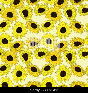 Modèle floral de tournesol motif dessiné à la main sans couture avec des tournesols sur fond blanc cassé. Conception pour papier d'emballage, impression de tissu et vecteur Illustration de Vecteur