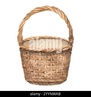 Un beau panier de jardin en osier. Un panier pour fruits, fleurs, baies, champignons et autres. Illustration d'aquarelle dessinée à la main. Jardin aquarelle cl Banque D'Images