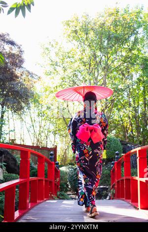 Femme japonaise portant un kimono marchant le long du chemin seul à sa destination prévue femme apanaise portant un kimono marchant le long du chemin est le concept de Banque D'Images