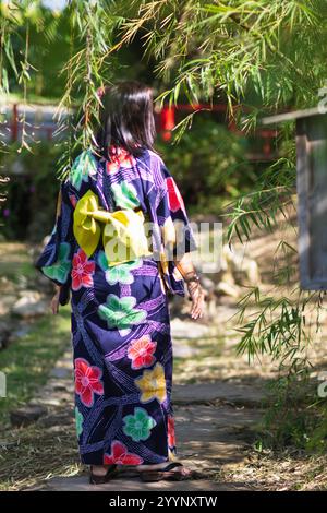 Femme japonaise portant un kimono marchant le long du chemin seul à sa destination prévue femme apanaise portant un kimono marchant le long du chemin est le concept de Banque D'Images