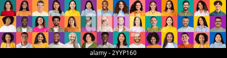 Groupe diversifié de personnes heureuses célébrant l'unité dans un collage vibrant Banque D'Images