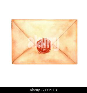Illustration d'aquarelle dessinée à la main. Une enveloppe vintage fermée avec sceau de cire. Enveloppe postale pour lettres. Enveloppe papier rétro. Papier artisanal. Monochrom Banque D'Images
