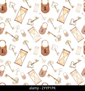 Motif monochrome sans couture avec des articles vintage. Serrures en laiton, clés antiques, sablier. Illustration d'aquarelle dessinée à la main Banque D'Images