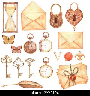 Un paquet de clés vintage, montres de poche, cadenas, sablier, enveloppes. papillons, plume et sceaux de cire. Illustrations aquarelles dessinées à la main. Pour Banque D'Images