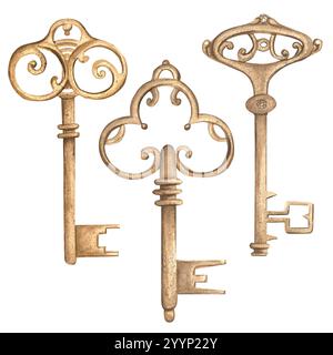 Trois vieilles clés antiques. Clipart monochrome. Trois clés antiquaires. Touches métalliques vintage de couleur ocre. Illustration d'aquarelle dessinée à la main. Banque D'Images