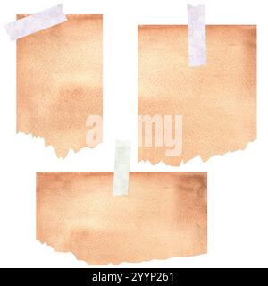 Trois morceaux de vieux papier collés sur une surface avec un bord déchiré. Espace vide pour les notes, les messages. Clipart de scrapbooking. Illustration d'aquarelle dessinée à la main Banque D'Images
