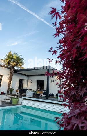 photo réaliste design moderne pergola bioclimatique avec lattes en aluminium qui se trouve près d'une maison moderne avec piscine , avec salle à manger , riche en Banque D'Images