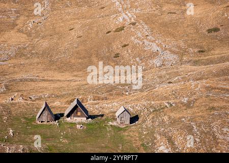 Des cabanes de berger en bois parsèment le paysage, créant une scène estivale sereine Banque D'Images