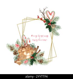 Cadeaux avec branches de sapin, pommes de pin, baies rouges, houx, illustration d'aquarelle caramel. Plantes forestières pour Noël d'hiver et décoration du nouvel an i Banque D'Images