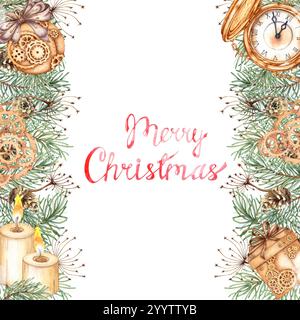 Branches de sapin, pommes de pin et herbe, boules, cadeaux, horloges, bougies, Gears Noël bannière illustration aquarelle. Le cadre est carré, avec pl d'hiver Banque D'Images