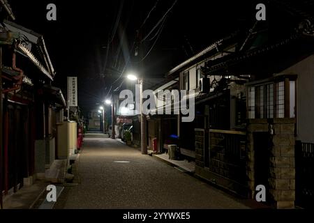 Une petite ville typique rue résidentielle japonaise la nuit avec des maisons unifamiliales bordant chaque côté au Japon. Banque D'Images