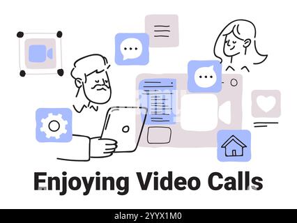 Concept d'appels vidéo avec des personnes utilisant des icônes et des paramètres de chat dans un style minimaliste dessiné à la main pour la communication numérique Illustration de Vecteur