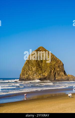 Les amateurs de plage sur Cannon Beach et Haystack Rock, Cannon Beach, Oregon. Banque D'Images