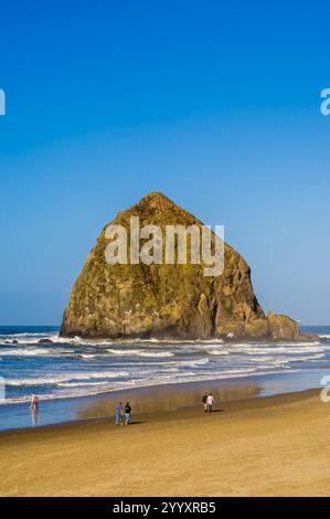 Les amateurs de plage sur Cannon Beach et Haystack Rock, Cannon Beach, Oregon. Banque D'Images