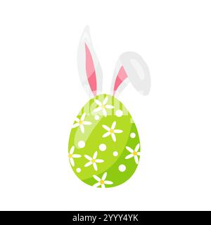 Oeuf vert de Pâques coloré, avec des fleurs, avec des oreilles de lapin. dessiné à la main. vecteur Illustration de Vecteur
