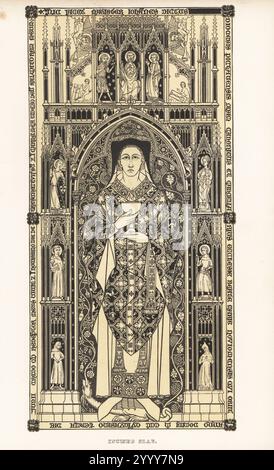 Pierre tombale de Johanes, chanoine de Poitiers, chancelier de Noyon, décédé en juin 1353. En alb de fleurs-de-lys et de roses, décoré maniple et étole, amyse doublée de fourrure, tenant calice et paten. Avec des figures de, Julien avec Oliphant, St Eloy avec marteau, St Michael, et deux parents Jaquet et Isabeau en coiffure cornée ou escoffion. Dalle incisée de l'abbaye de Sainte-Geneviève, aujourd'hui conservée au Palais des Beaux-Arts de Paris. Gravure sur bois de Henry Shaw tirée de ses propres robes et décorations du moyen âge du VIIe au XVIIe siècle, William Pickering, Londres, 1843. Banque D'Images