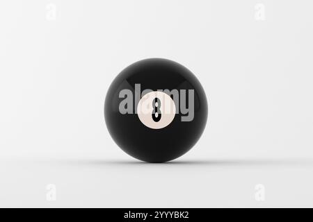 Boule de billard numéro huit noire sur fond blanc, représentant le jeu de billard. Rendu 3D. Banque D'Images