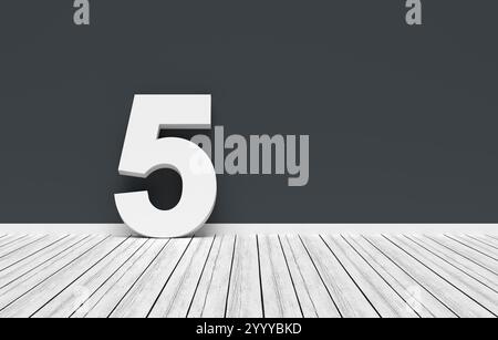 Blanc numéro cinq appuyé sur un mur gris foncé dans une pièce blanche avec parquet. Rendu 3D. Banque D'Images