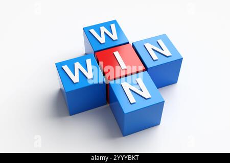 Cubes colorés se combinant pour créer une situation gagnant-gagnant, symbolisant le succès mutuel et l'avantage stratégique. Rendu 3D. Banque D'Images