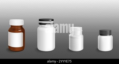 Bouteilles et récipients pour compléments pharmaceutiques. Pot en plastique ou en verre blanc et ambré avec différents capuchons et couvercles pour stocker des vitamines, des médicaments ou des additifs alimentaires. Ensemble de vecteurs 3D réaliste. Illustration de Vecteur