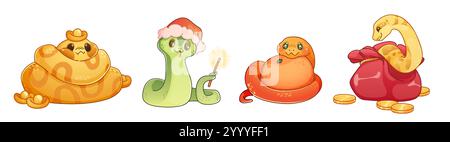 Ensemble de serpents mignons isolé sur fond blanc. Illustration de dessin animé vectoriel contemporain de personnages de reptiles avec chapeau de Père Noël, pièces d'or dans le sac, symbole du nouvel an 2025 et de la richesse, animal exotique Illustration de Vecteur