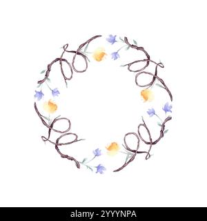 Couronne d'éléments de la nature avec des coeurs dessinés à la main. Cercle aquarelle cadre branches d'arbre et fleurs simples isolées. Brindilles et fleurs courbes douces Banque D'Images