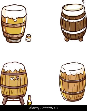 Quatre barils de bière de style dessin animé débordant de mousse mousseuse. Illustration de Vecteur