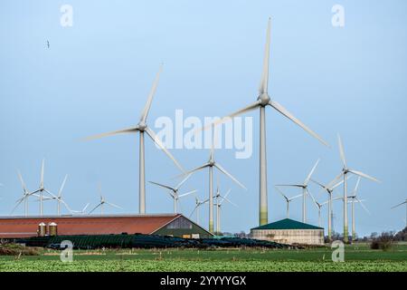 Norden, basse-Saxe, Allemagne - éoliennes, parc éolien près de Norden en Frise orientale. Devant une ferme avec usine de biogaz. Banque D'Images
