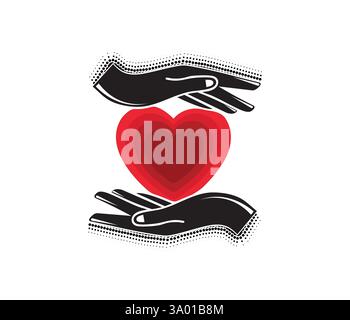 Les mains du couple amoureux tiennent le cœur rouge un pour deux. Modèle de décoration pour la Saint-Valentin, mariage. Illustration de Vecteur
