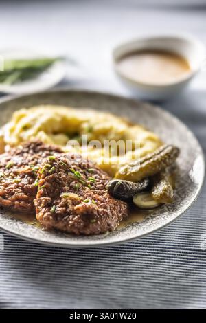 Schnitzel de bœuf inversé avec purée de pommes de terre et concombres marinés. Cuisine traditionnelle tchèque et slovaque Banque D'Images