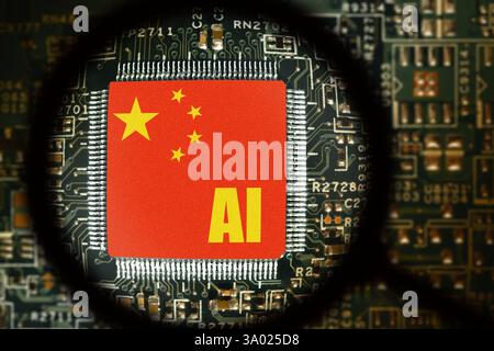 Drapeau de la Chine sur un processeur avec le mot ai. Carte d'ordinateur avec puce. Vue à travers la loupe Banque D'Images
