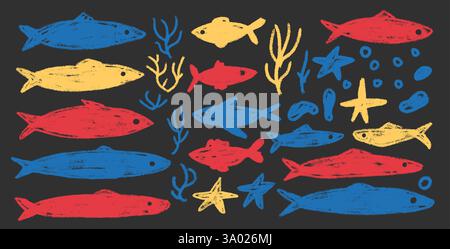 Jeu de doodle de poissons. Sardines dessinées à la main griffonnage École de poissons dans la mer. Illustration nautique colorée vectorielle par crayon isolé. Crayon ou craie n Illustration de Vecteur