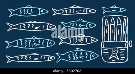 Ensemble de griffonnages de ligne de sardines. Poisson en conserve gribouillage dessiné à la main. conserves de poissons. Ouvrez le moule à sardine. Vecteur conserver manger illustration par crayon isolé sur dar Illustration de Vecteur