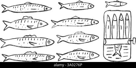 Ensemble de griffonnages de ligne de sardines. Poisson en conserve gribouillage dessiné à la main. conserves de poissons. Ouvrez le moule à sardine. Vecteur conserver manger illustration par crayon isolé sur whi Illustration de Vecteur