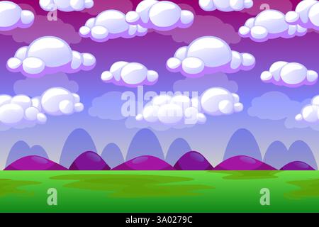 Fond de jeu fabriqué à partir d'éléments sans fin sans couture-ciel, nuages, montagnes et herbe. Ressources vectorielles et calques pour vos jeux mobiles 2D. Style dessin animé Illustration de Vecteur